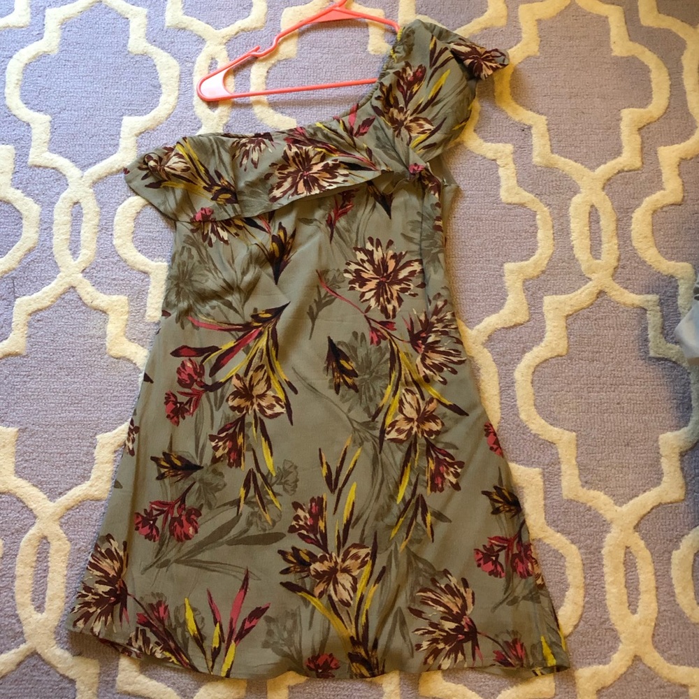 Army green floral print off the shoulder dress